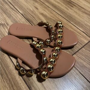 She&In Brand Tan Sandals with Bold Gold Spheres